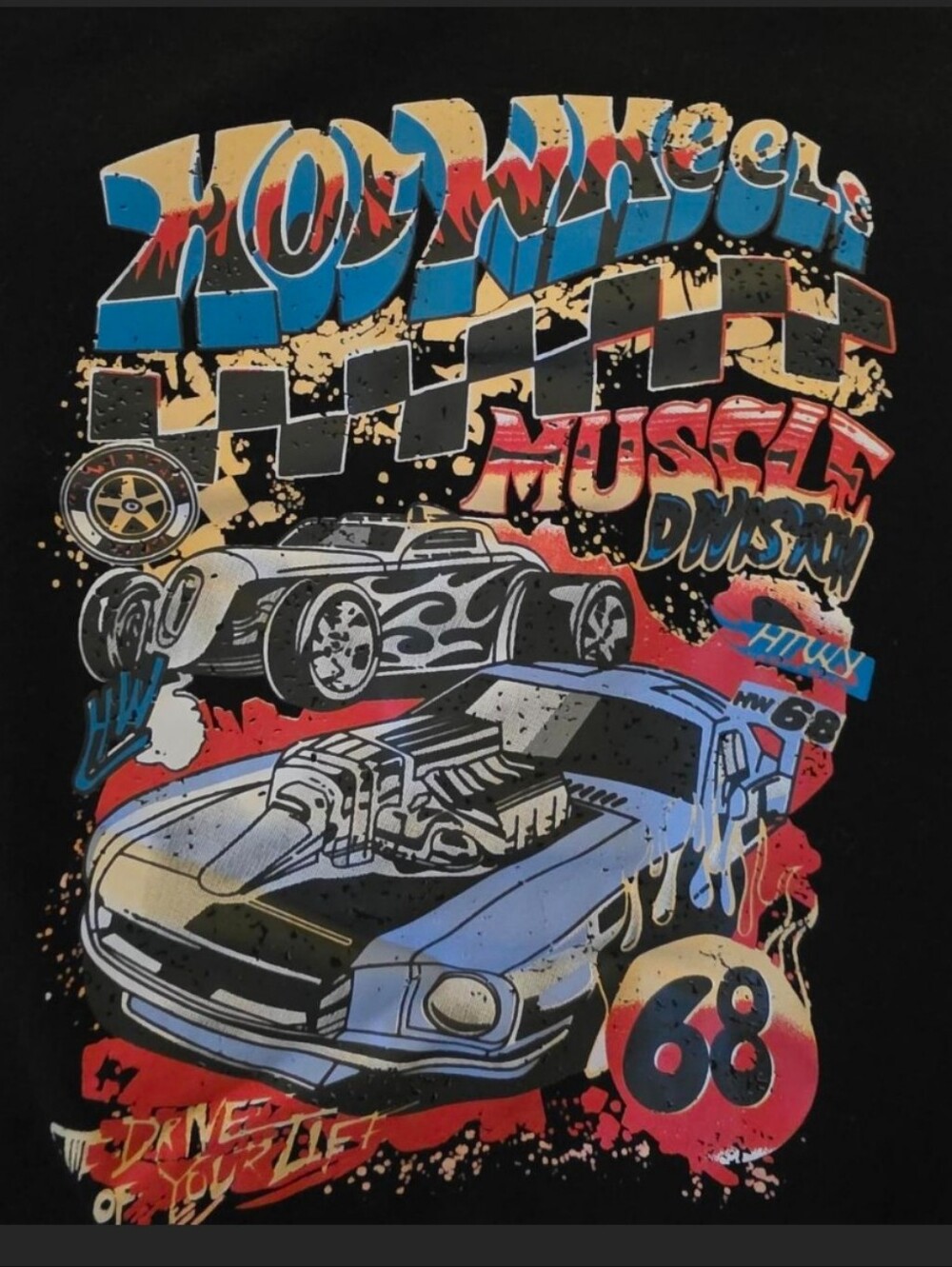 Hot Wheels Graphic black crewneck sweatshirt with graphic of a blue muscle car